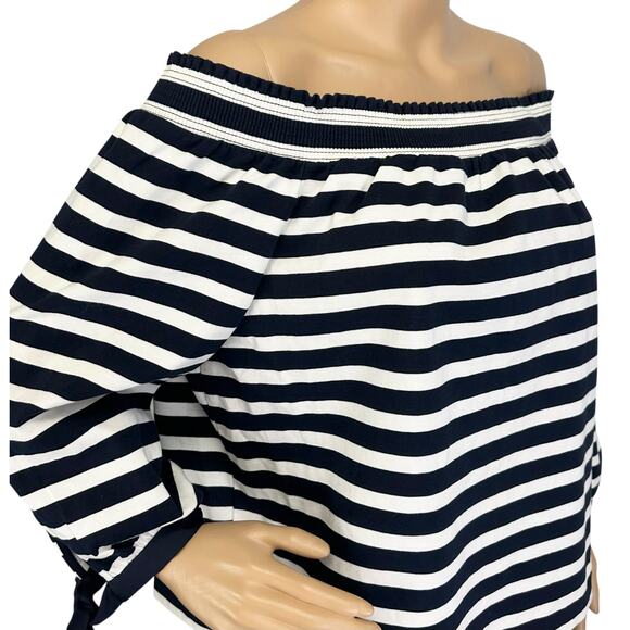 J. Crew Striped Off The Shoulder Top Navy Blue White Bow Sleeve G2549 Size L - Picture 10 of 13